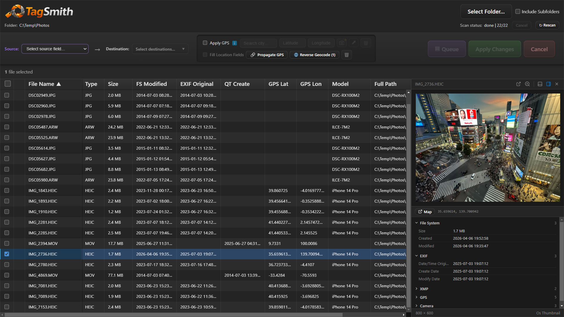 TagSmith metadata table showing before and after values with live preview pane